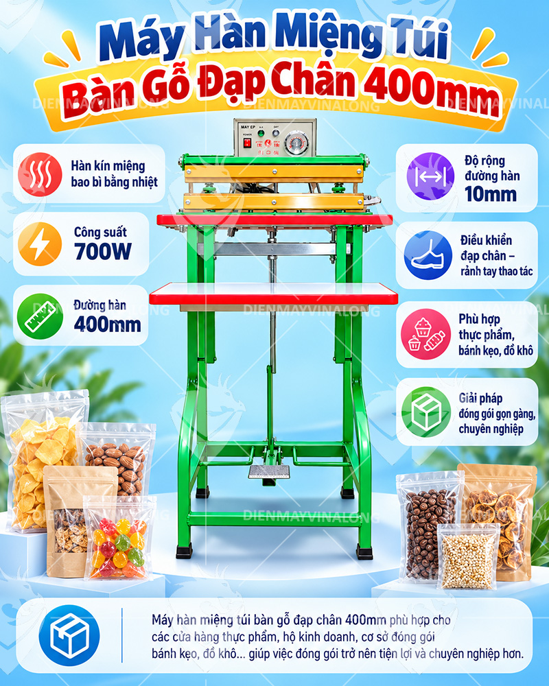 Máy hàn miệng túi bàn gỗ đạp chân